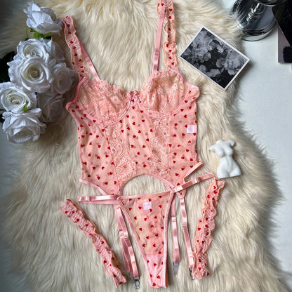 Best Girlfriend gift for birthday, romantic heart-shaped lace ruffle lingerie set.