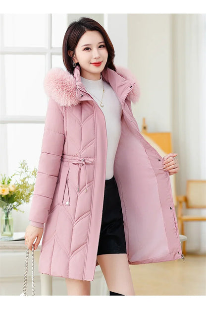 Women Down Cotton Jacket 2025 Mid Long Warm Ladies Outerwear Slim High-End Loose Women.