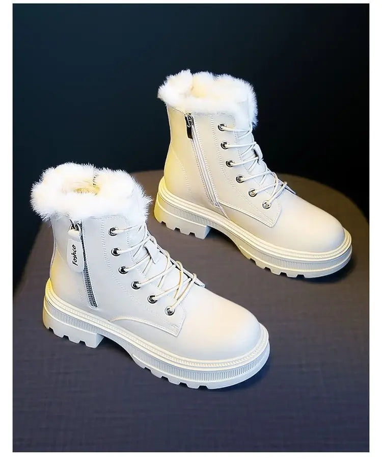 Snow Boots Plush Warm Medium Boots Women's Black and White Winter Thickened Warm Snow Flat Shoes Zapatos Mujer 2024