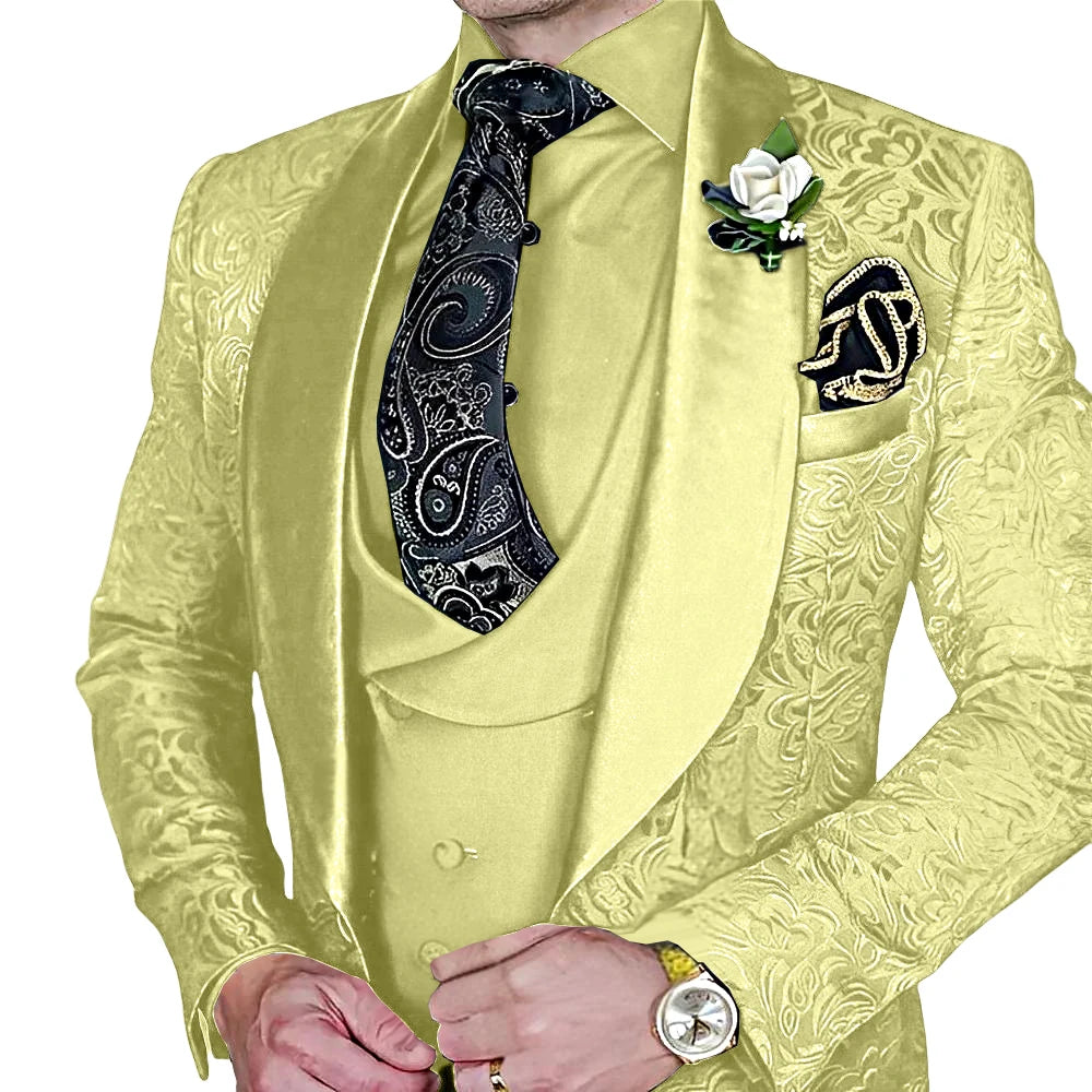 Jacquard Men's 3-piece Suit Set Formal Party Dress Groom's Tuxedo High Quality Elegant Men's Customized Outfit