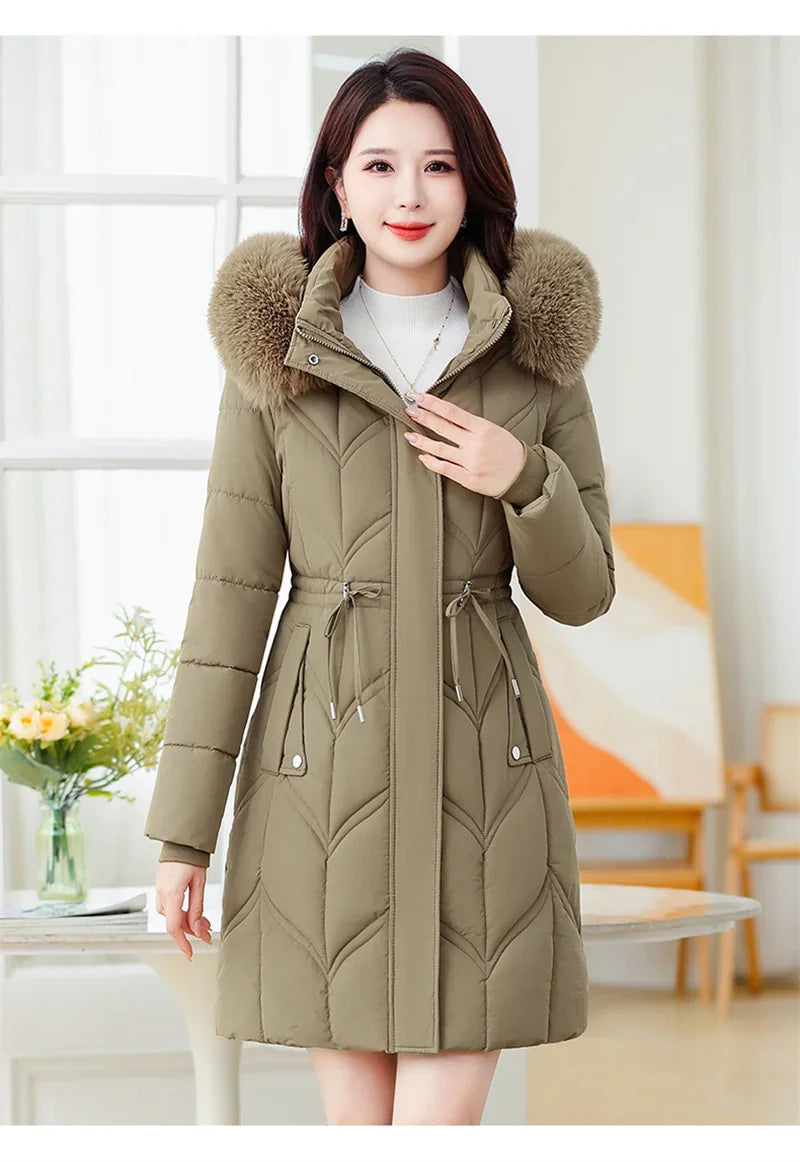 Women Down Cotton Jacket 2025 Mid Long Warm Ladies Outerwear Slim High-End Loose Women.