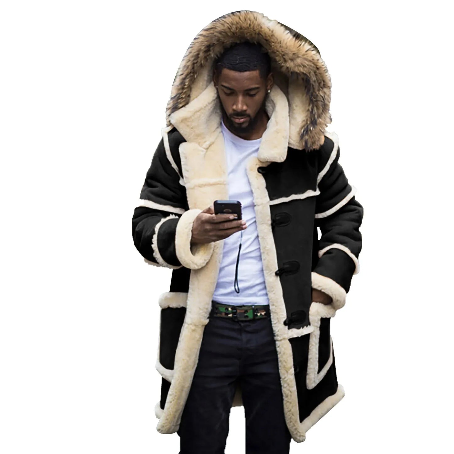 New Men Lamb Fur Hooded Jacket Punk Warm Windproof Leather Coat Winter Fashion Padded Long Coat Top Cardigans Windbreaker Jacket