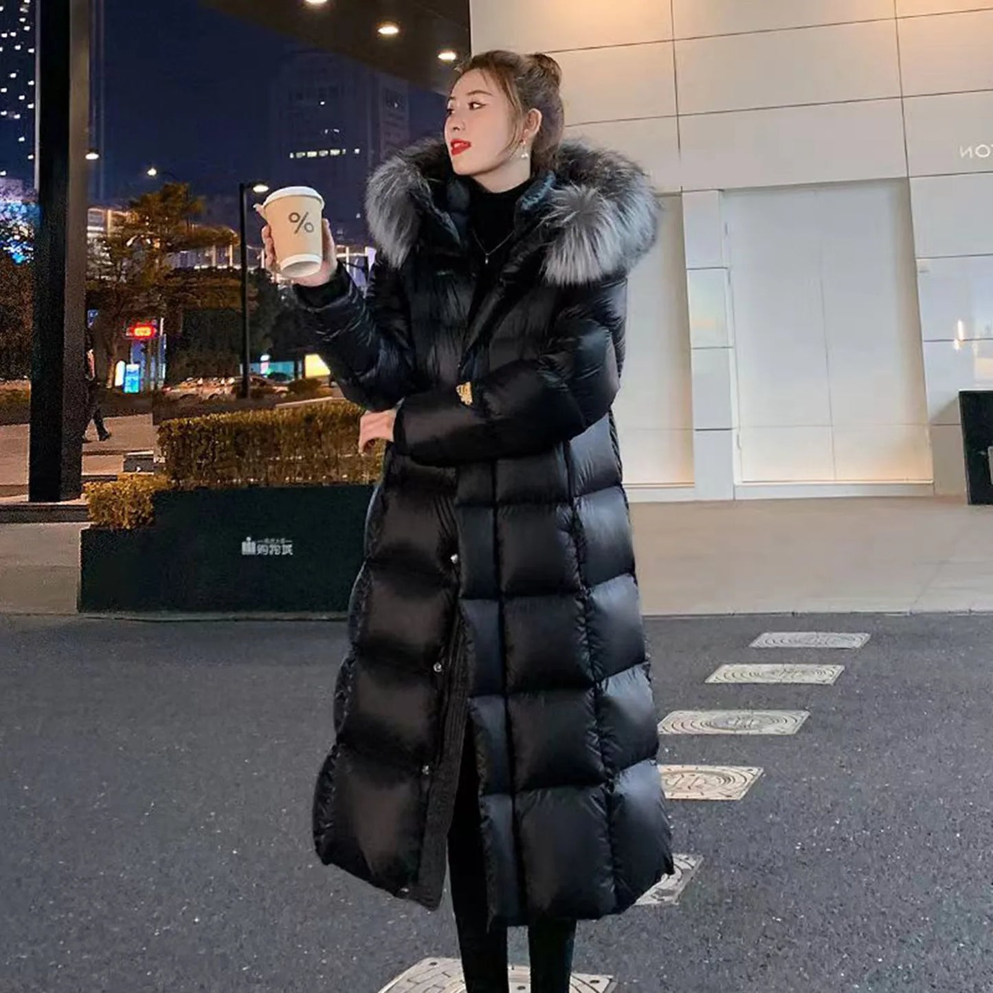 Long Down Coat for Women Over Knee Thickened High Collar Winter Fleece.