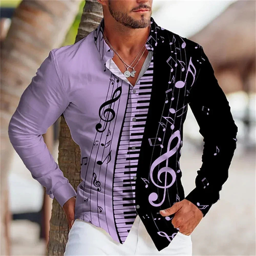 Graphic printing of men's shirts in summer 2023 Music button top long sleeve button shirt clothing design comfortable S-6XL