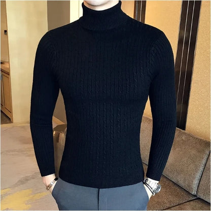 New Men's High Neck Sweater Solid Color Pullover Knitted Warm Casual