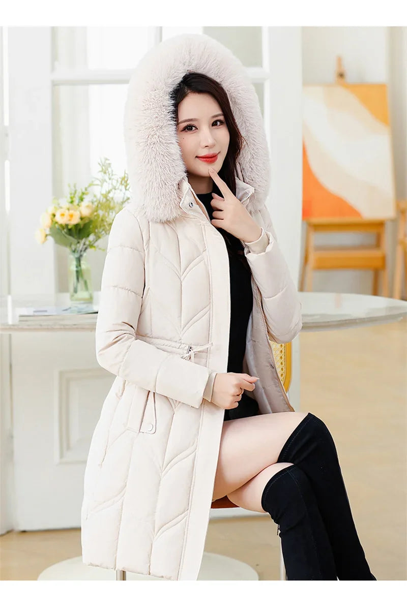 Women Down Cotton Jacket 2025 Mid Long Warm Ladies Outerwear Slim High-End Loose Women.