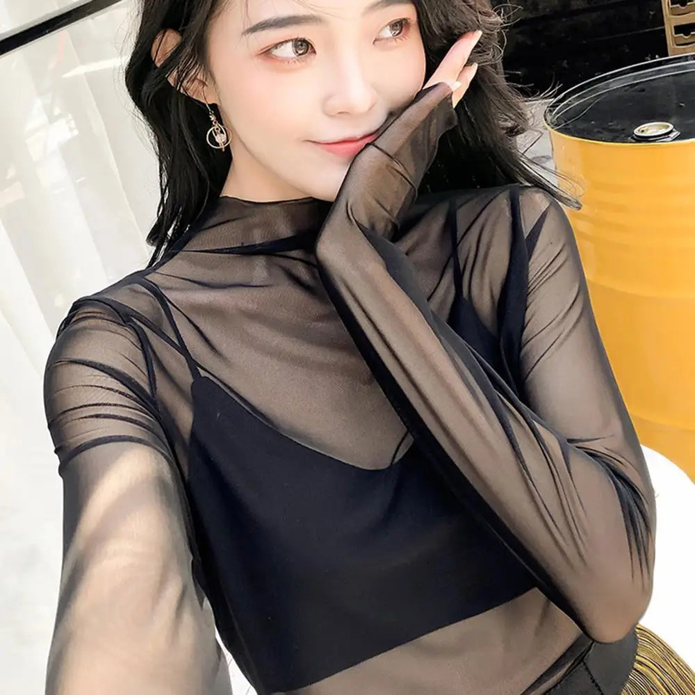 Black Mesh See Through Top For Women Sexy Transparent Top Summer Sun-proof