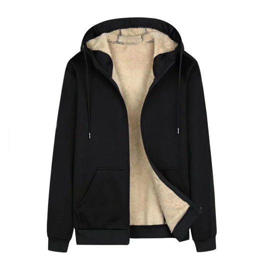 Winter Men Hoodie Coat Solid Color Hooded Thicken Plush Jacket Comfortable Drawstring Warm Outerwear Men Clothes For Daily Wear