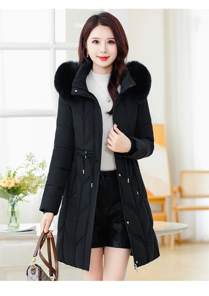 Women Down Cotton Jacket 2025 Mid Long Warm Ladies Outerwear Slim High-End Loose Women.