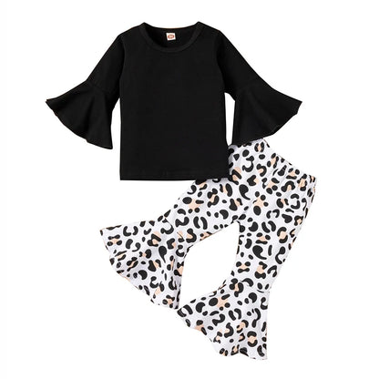 2pcs Baby Girl Clothes Sets Black Pullover Top + Leopard Print Bell-Bottoms Autumn Children's Clothing For 2 3 4 5 7 8 Years Old