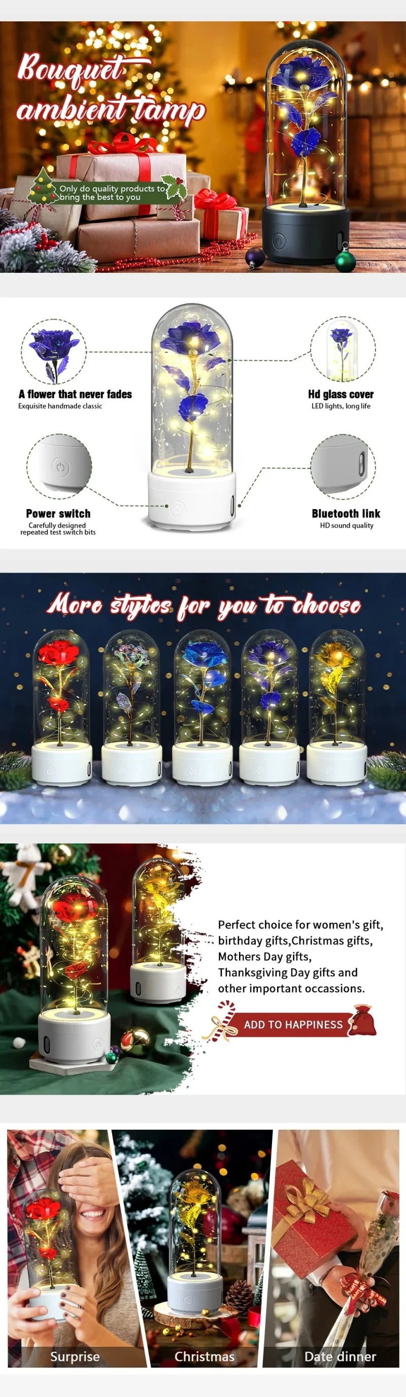 Creative 2 In 1 Rose Flowers Light And Bluetooth Speaker Valentine's Day Gift Rose Luminous Night Light Ornament In Glass lamps