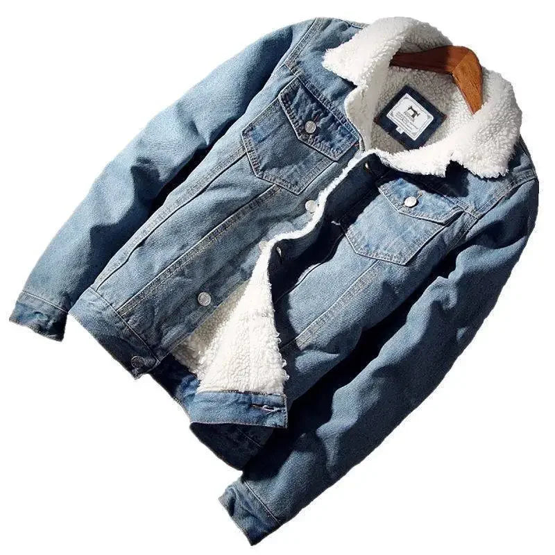 Plus Size Winter Fleece-Lined Denim Jacket Men's Slimming Cotton Coat Top Thickened Sheep Fleece Lining Casual Scene Youth Outwe