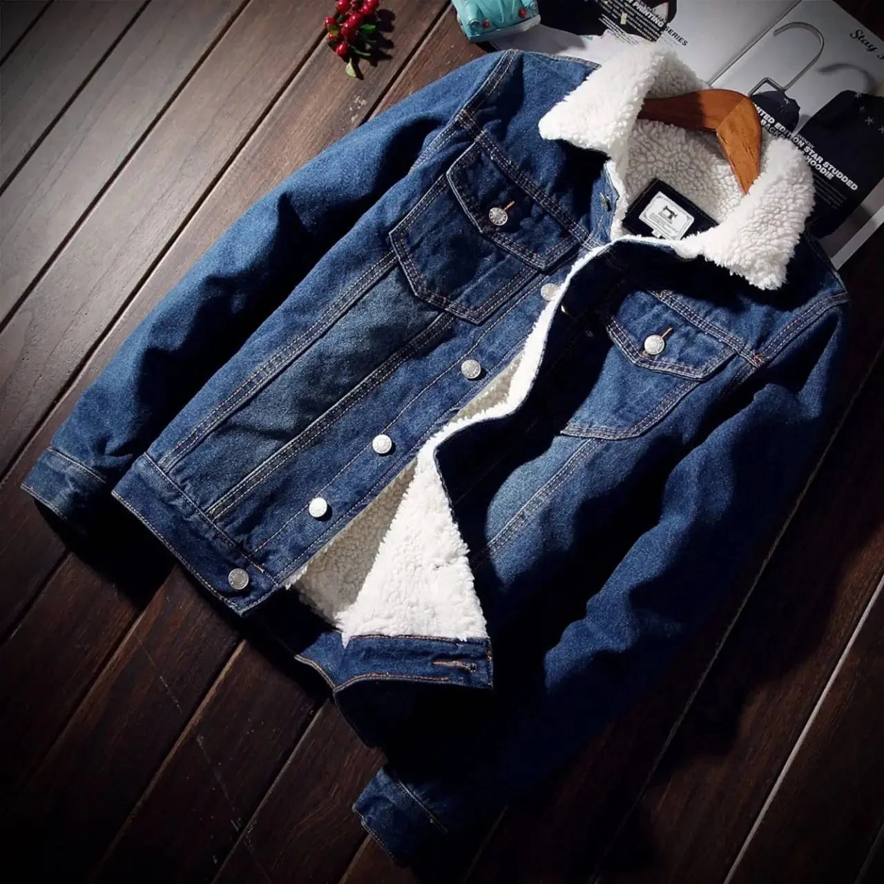 Plus Size Winter Fleece-Lined Denim Jacket Men's Slimming Cotton Coat Top Thickened Sheep Fleece Lining Casual Scene Youth Outwe