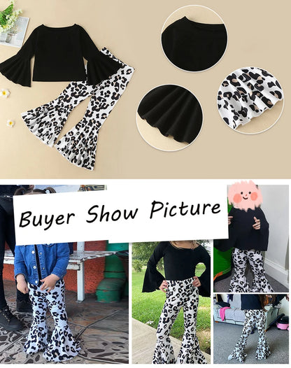 2pcs Baby Girl Clothes Sets Black Pullover Top + Leopard Print Bell-Bottoms Autumn Children's Clothing For 2 3 4 5 7 8 Years Old