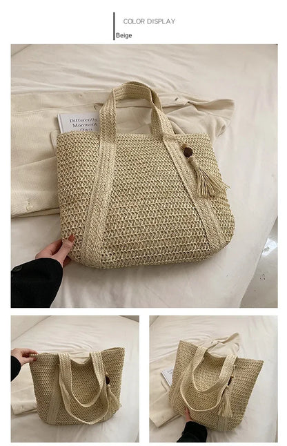 Fashion Large Capacity Fringe Pendant Handmade Straw Handbag Women Holiday Beach Casual Tote Top-Handle Bags Retro Shoulder Bags