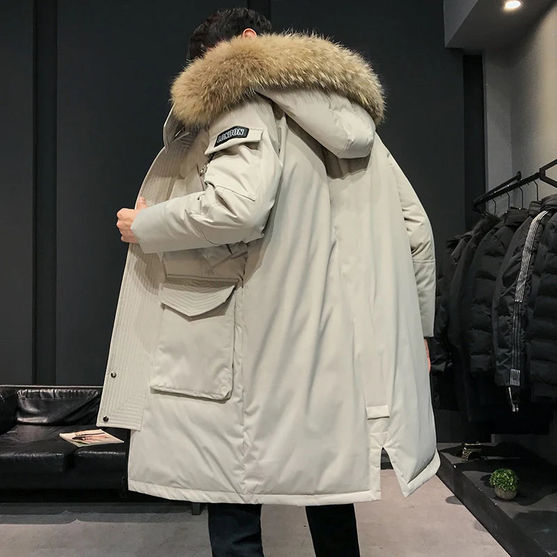 Winter Large Collar Men's Parka Down Jacket 2024 Men's Mid Length Thickened Warm White Duck Down Men's And Women's Outerwear