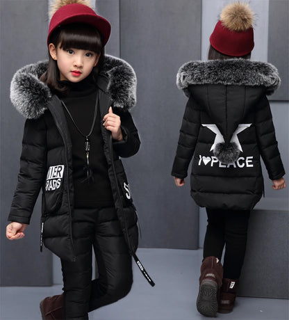 Girl Clothing Sets For Russia Winter Hooded Vest Jacket + Warm Top Cotton Pants 3 Pieces Clothes Coat With Fur Hood