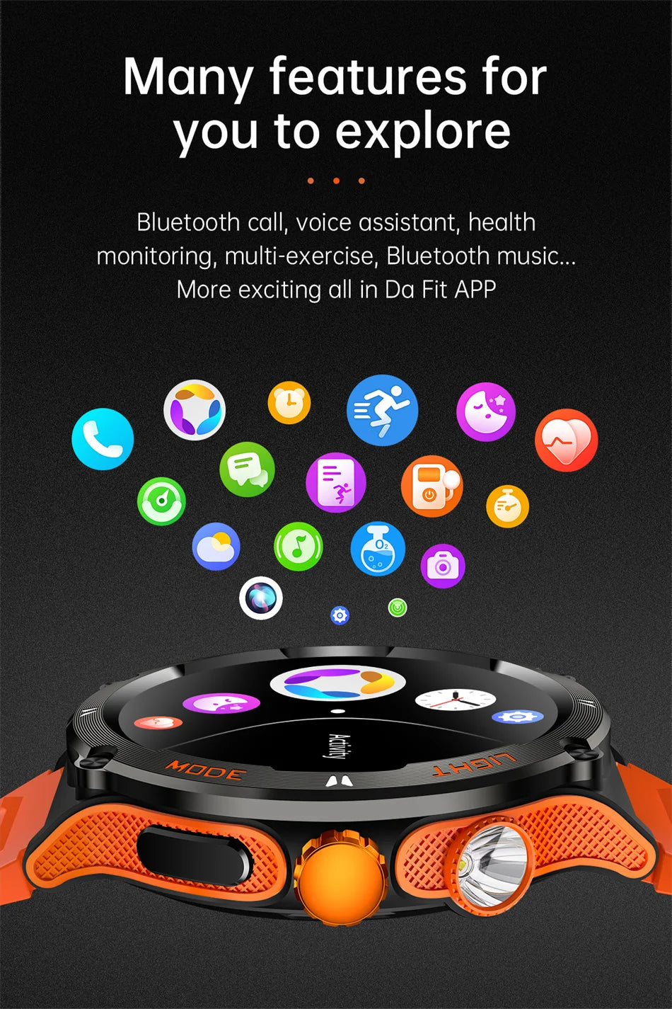 Smart Watch 3ATM Waterproof 1.53" KT76 Men Sport Compass LED Flashlight Heart Rate Health Sleep Analysis Bluetooth Call Watch