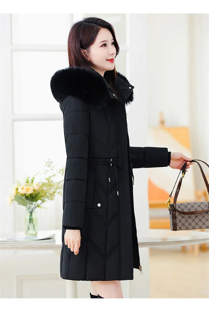 Women Down Cotton Jacket 2025 Mid Long Warm Ladies Outerwear Slim High-End Loose Women.