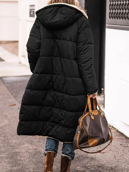 Winter Hooded Quilted Jacket For Women Solid Reversible Long Sleeve Thick Coat Warm Fashion.