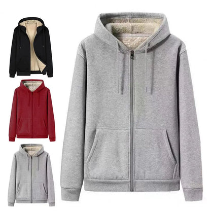 Winter Men Hoodie Coat Solid Color Hooded Thicken Plush Jacket Comfortable Drawstring Warm Outerwear Men Clothes For Daily Wear