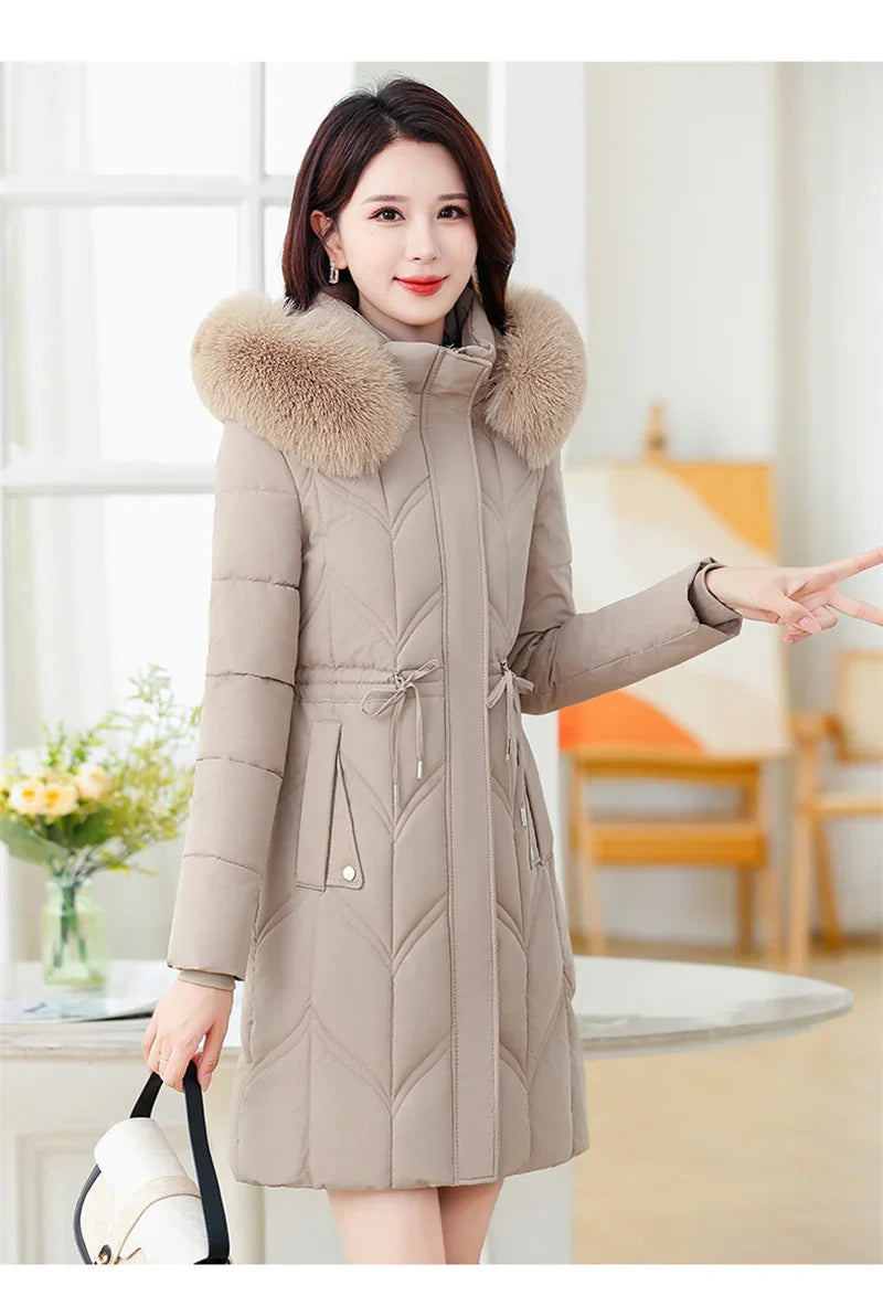 Women Down Cotton Jacket 2025 Mid Long Warm Ladies Outerwear Slim High-End Loose Women.