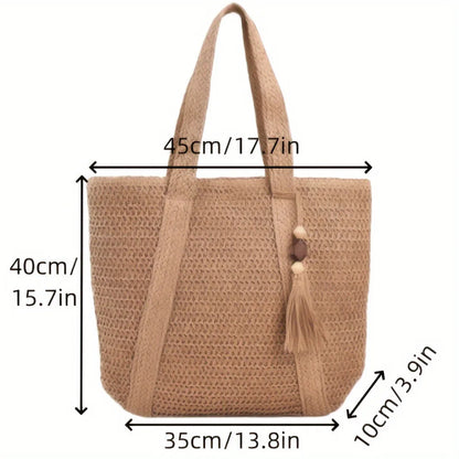 Fashion Large Capacity Fringe Pendant Handmade Straw Handbag Women Holiday Beach Casual Tote Top-Handle Bags Retro Shoulder Bags