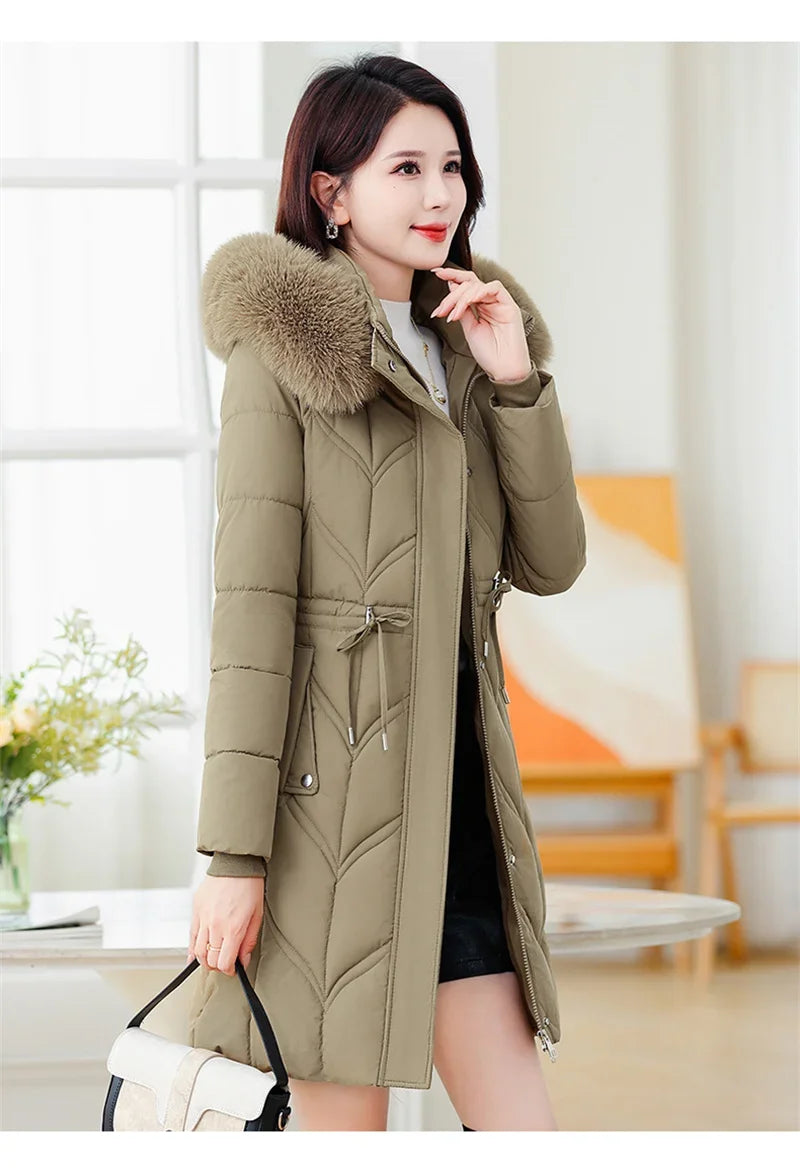 Women Down Cotton Jacket 2025 Mid Long Warm Ladies Outerwear Slim High-End Loose Women.