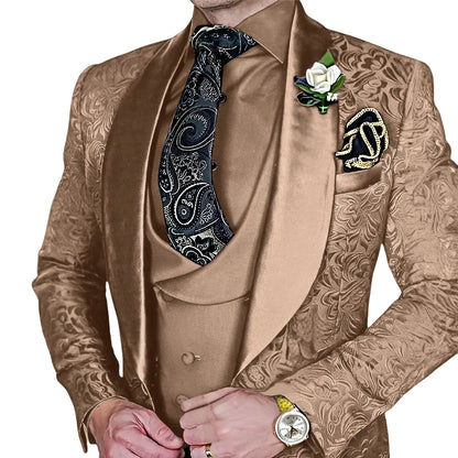 Jacquard Men's 3-piece Suit Set Formal Party Dress Groom's Tuxedo High Quality Elegant Men's Customized Outfit