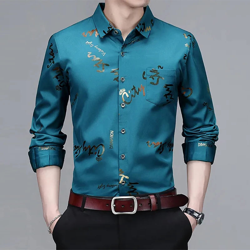 Men's Casual and Fashionable Long Sleeved Printed Shirt, Non Ironing and Wrinkle Resistant Business Top