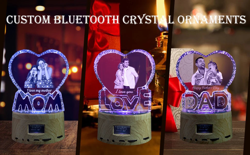 Love Crystal Photo Customized Picture Text NightLight Bluetooth Music Player Wedding Couple for Mother Father Day Christmas Gift