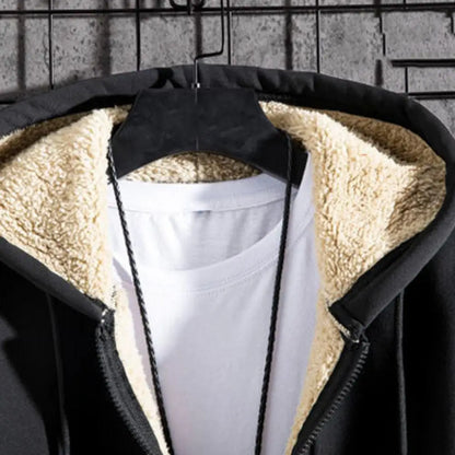 Winter Men Hoodie Coat Solid Color Hooded Thicken Plush Jacket Comfortable Drawstring Warm Outerwear Men Clothes For Daily Wear