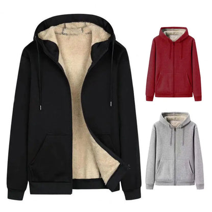 Winter Men Hoodie Coat Solid Color Hooded Thicken Plush Jacket Comfortable Drawstring Warm Outerwear Men Clothes For Daily Wear