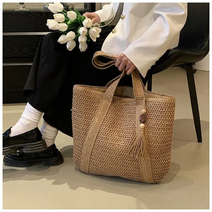 Fashion Large Capacity Fringe Pendant Handmade Straw Handbag Women Holiday Beach Casual Tote Top-Handle Bags Retro Shoulder Bags