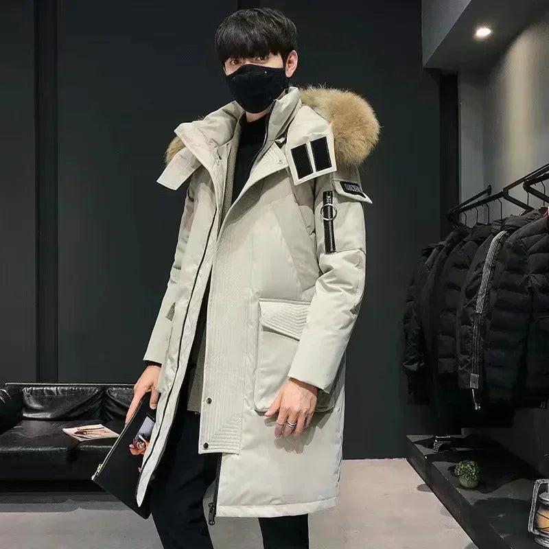 Winter Large Collar Men's Parka Down Jacket 2024 Men's Mid Length Thickened Warm White Duck Down Men's And Women's Outerwear