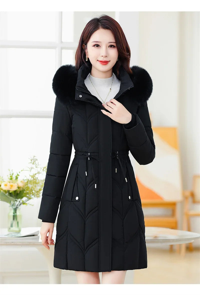 Women Down Cotton Jacket 2025 Mid Long Warm Ladies Outerwear Slim High-End Loose Women.