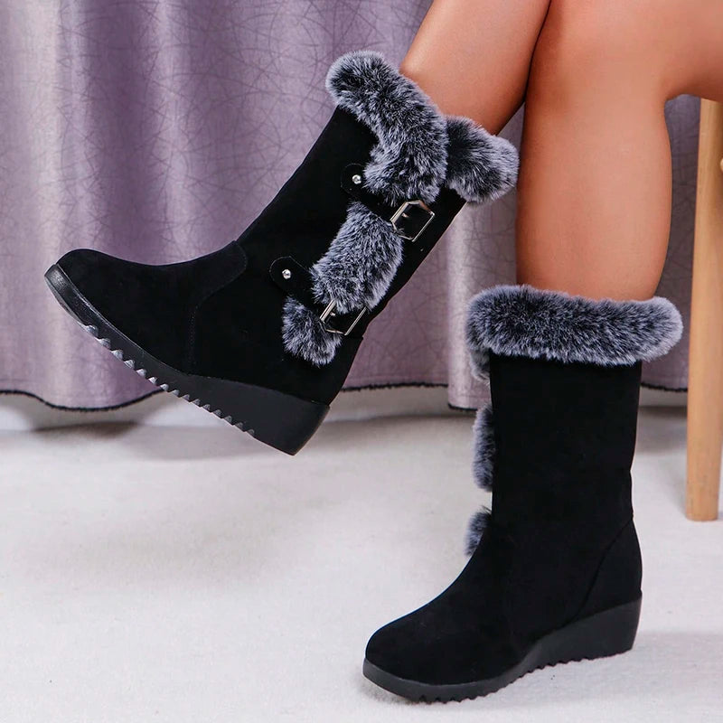 Women's Wedge Heeled Snow Boots Fashion Buckle Design Faux Fur Mid Calf Boots Woman Comfortable Thicken Warm Plush Winter Boots