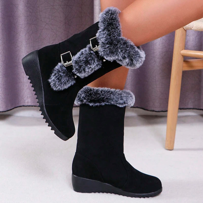 Women's Wedge Heeled Snow Boots Fashion Buckle Design Faux Fur Mid Calf Boots Woman Comfortable Thicken Warm Plush Winter Boots