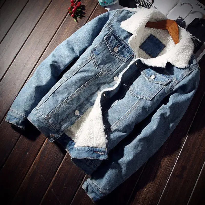 Plus Size Winter Fleece-Lined Denim Jacket Men's Slimming Cotton Coat Top Thickened Sheep Fleece Lining Casual Scene Youth Outwe