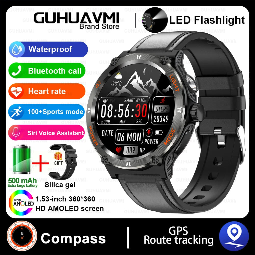 Smart Watch 3ATM Waterproof 1.53" KT76 Men Sport Compass LED Flashlight Heart Rate Health Sleep Analysis Bluetooth Call Watch