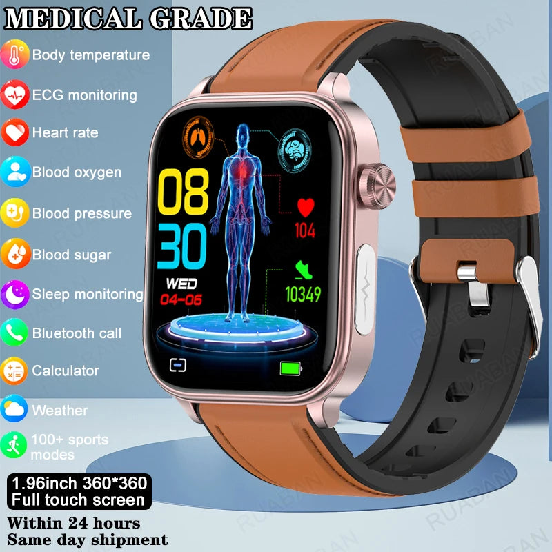 2024 New Medical Grade Smart Watch Women Blood Lipid Uric Acid Monitor Bluetooth Call SOS Watches Sport Health Smartwatch Men