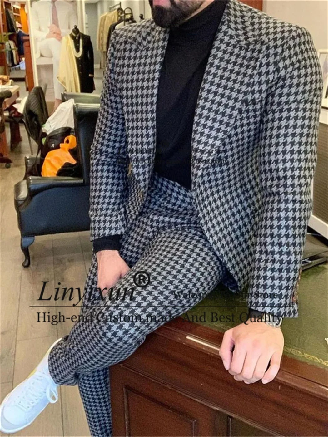 2 Piece Houndstooth Mens Suit Casual Business Slim Fit Blazer