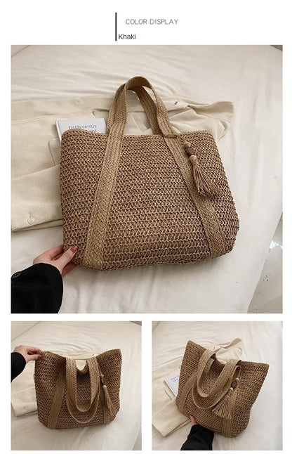 Fashion Large Capacity Fringe Pendant Handmade Straw Handbag Women Holiday Beach Casual Tote Top-Handle Bags Retro Shoulder Bags