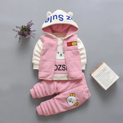 New Autumn Winter  Baby Girl Clothes Children Boys Thickened Hooded Vest T-Shirt Pants 3Pcs/Sets Toddler Costume Kids Tracksuits