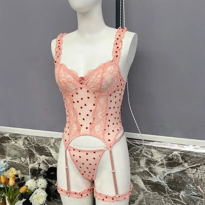 Best Girlfriend gift for birthday, romantic heart-shaped lace ruffle lingerie set.