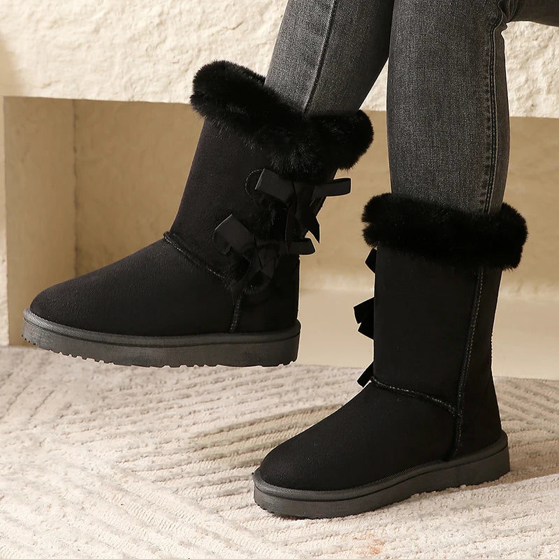 Women Flock Fluffy Suede Snow Boots Cute Butterfly Round Toe Warm Boots Autumn Winter Thick Sole Platform Cotton Shoes