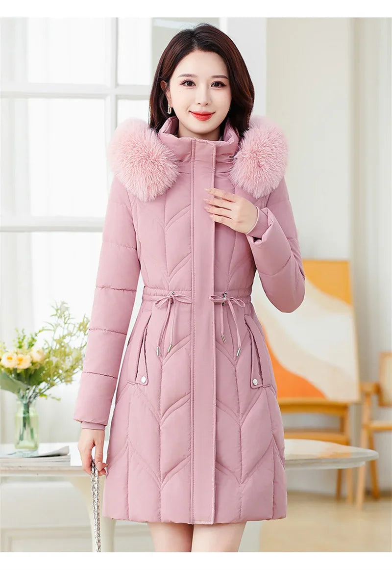 Women Down Cotton Jacket 2025 Mid Long Warm Ladies Outerwear Slim High-End Loose Women.