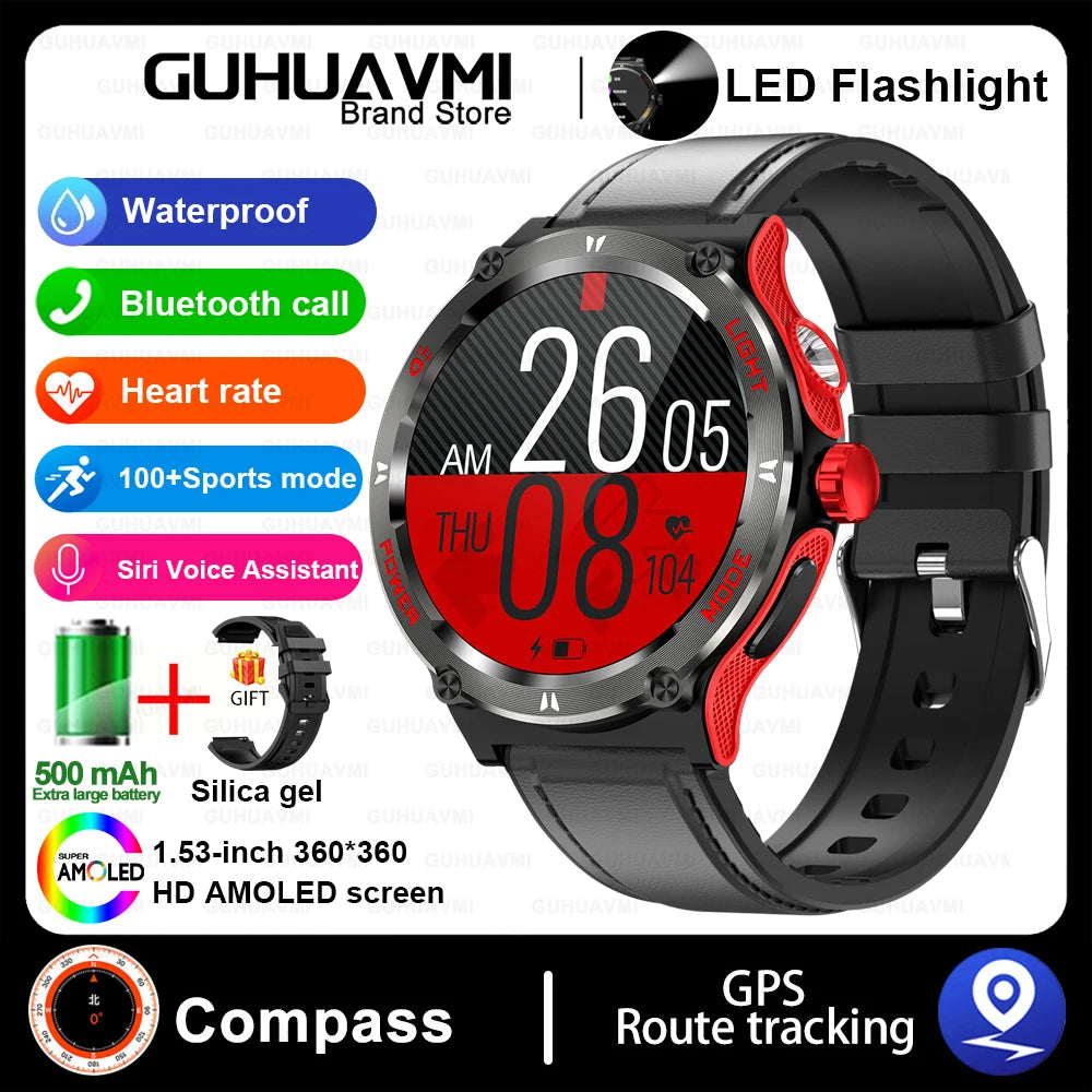 Smart Watch 3ATM Waterproof 1.53" KT76 Men Sport Compass LED Flashlight Heart Rate Health Sleep Analysis Bluetooth Call Watch