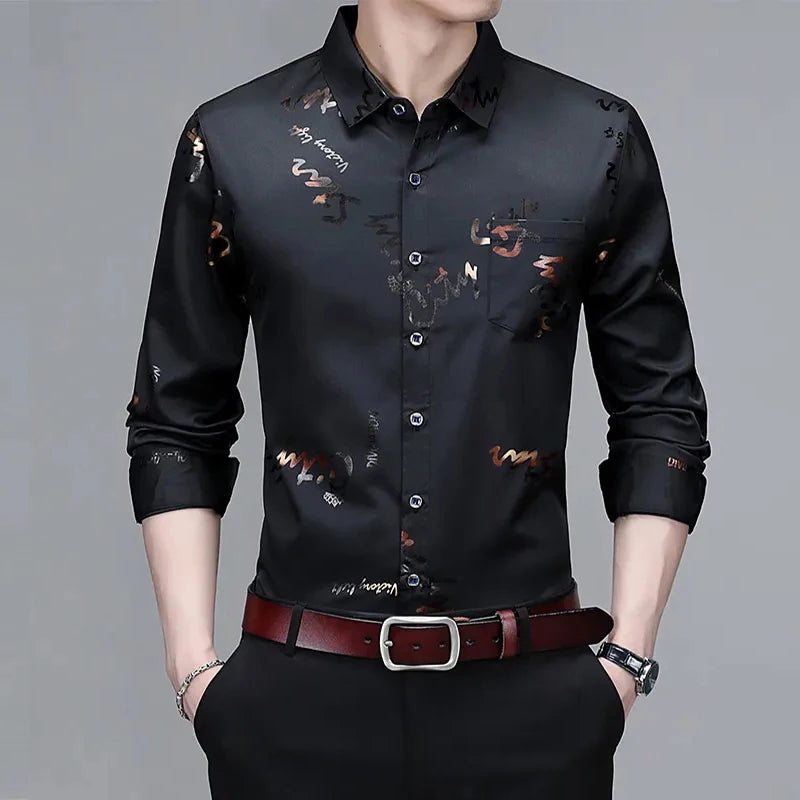 Men's Casual and Fashionable Long Sleeved Printed Shirt, Non Ironing and Wrinkle Resistant Business Top