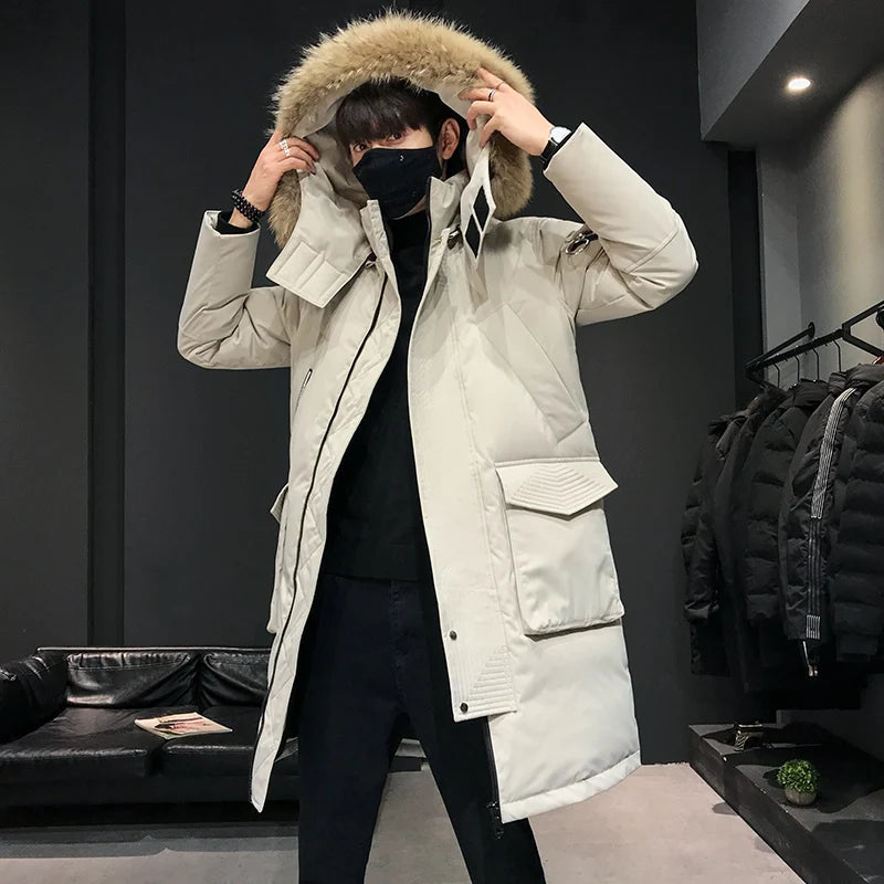 Winter Large Collar Men's Parka Down Jacket 2024 Men's Mid Length Thickened Warm White Duck Down Men's And Women's Outerwear